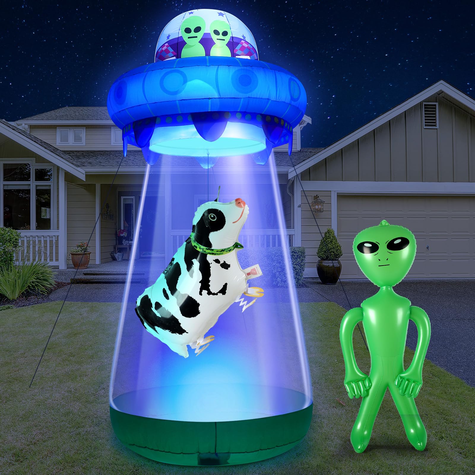 Lunmon front view of full 9ft UFO inflatable displaying dramatic yard presence