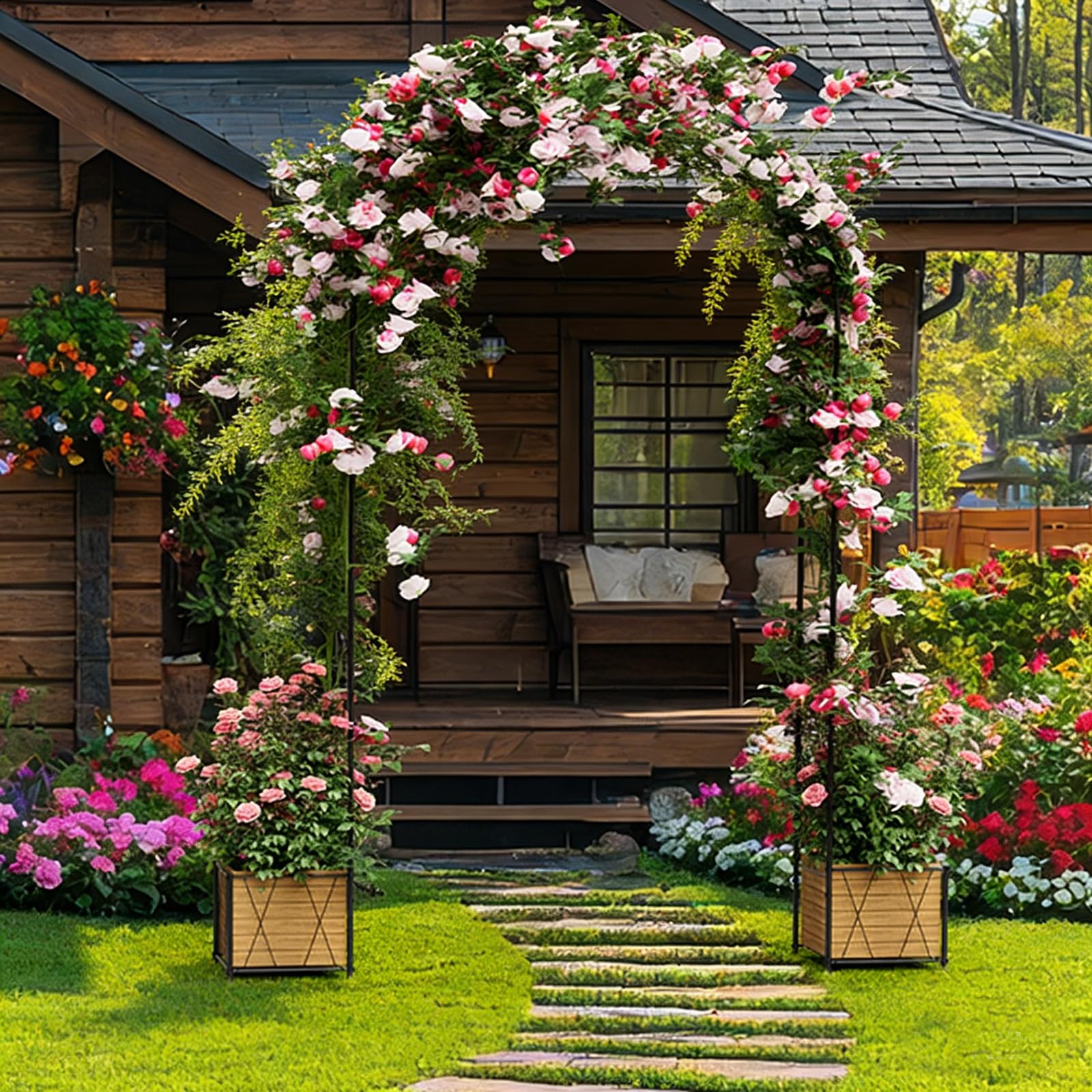 Luplom arch decorated with flowers and lights creating an attractive event focal point