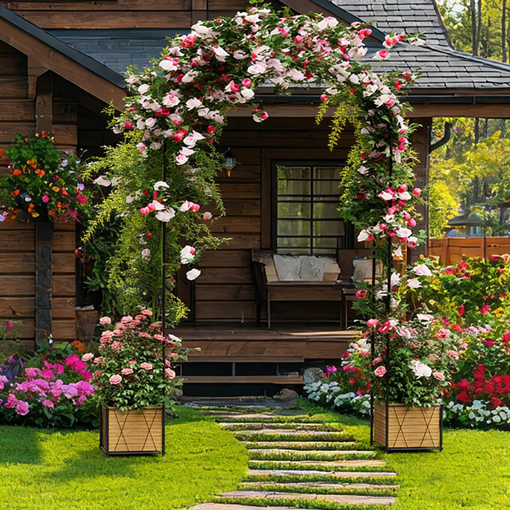 Luplom arch decorated with flowers and lights creating an attractive event focal point