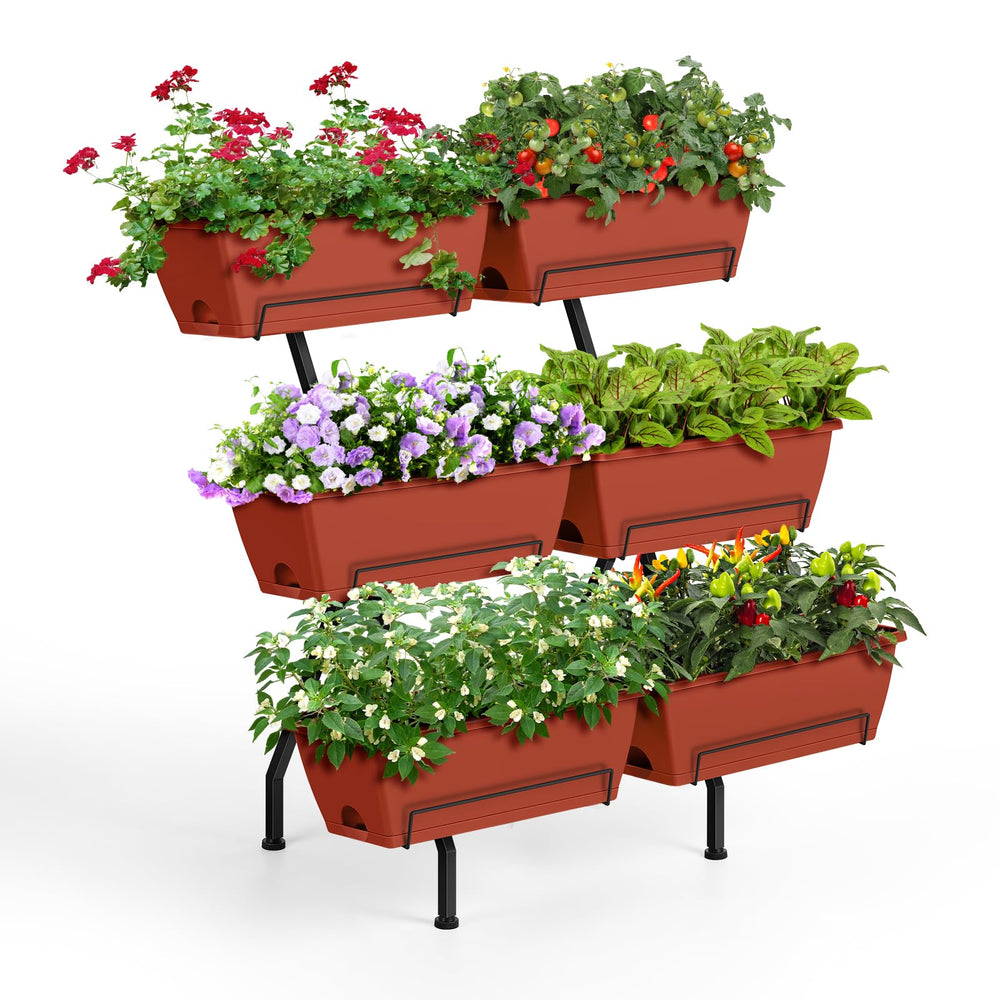 Luplom front view of red vertical planter showcasing compact multi-tier benefit