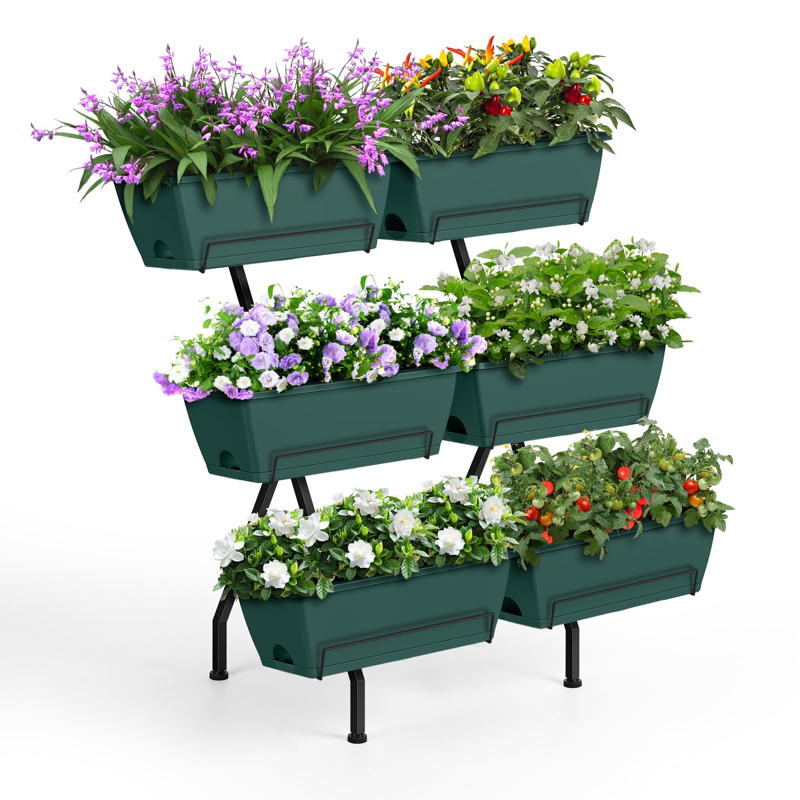 Luplom front view showing six-box standing garden bed and space-saving benefit