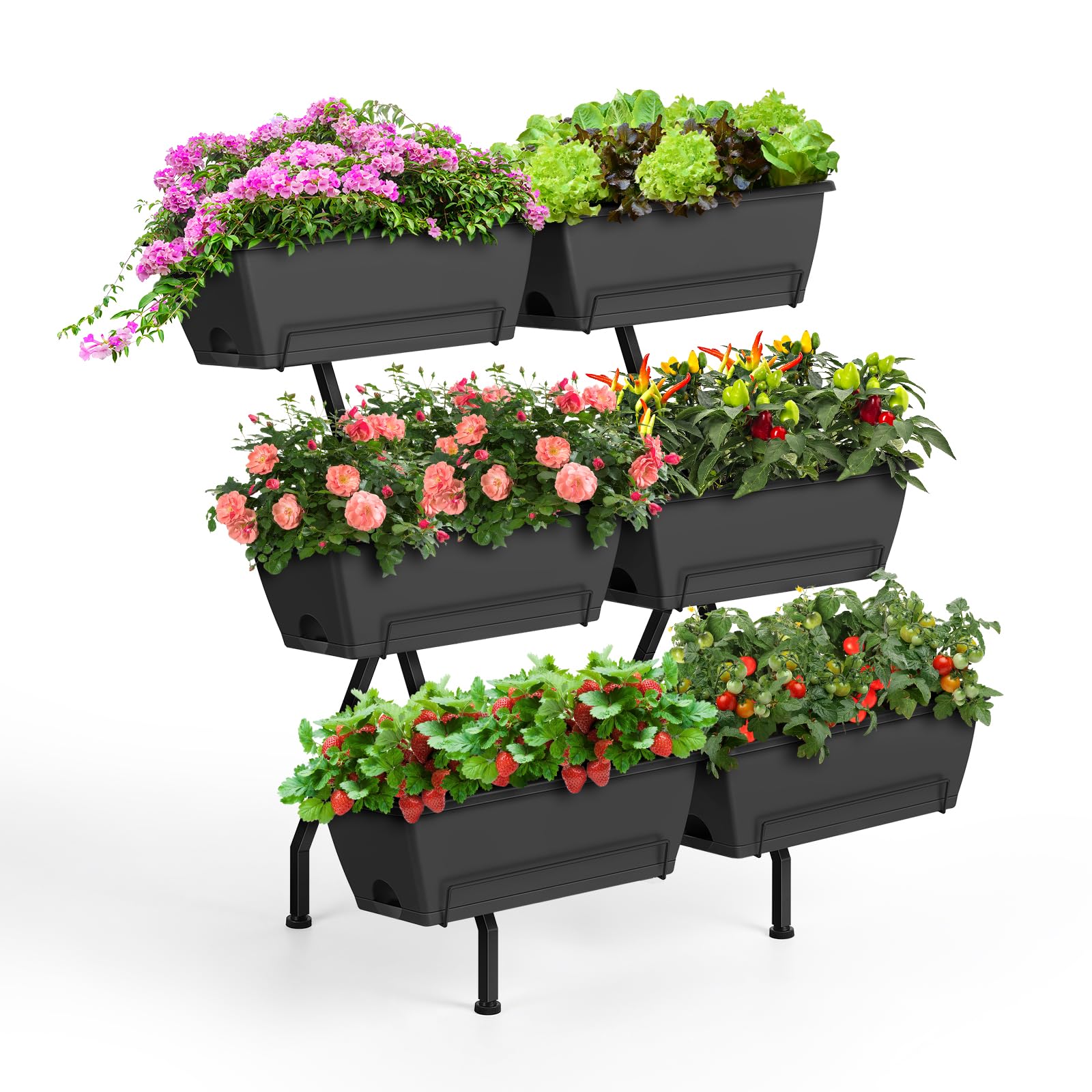 Luplom front view of six-tier vertical planter showing compact footprint and yields