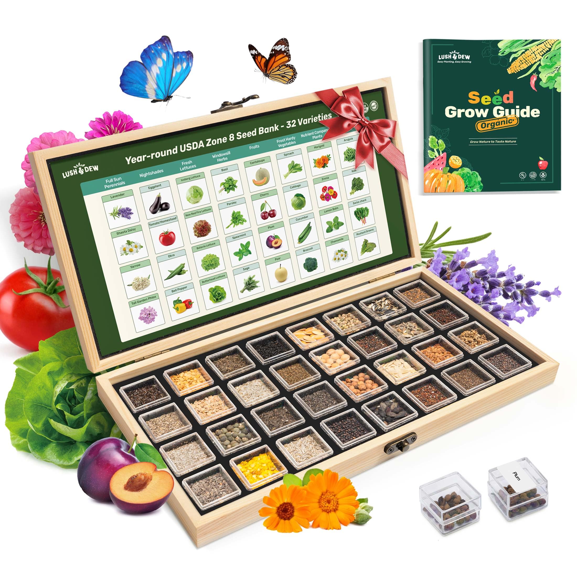 LUSH&DEW front packaging showing seed bank and organized acrylic tubes for easy storage
