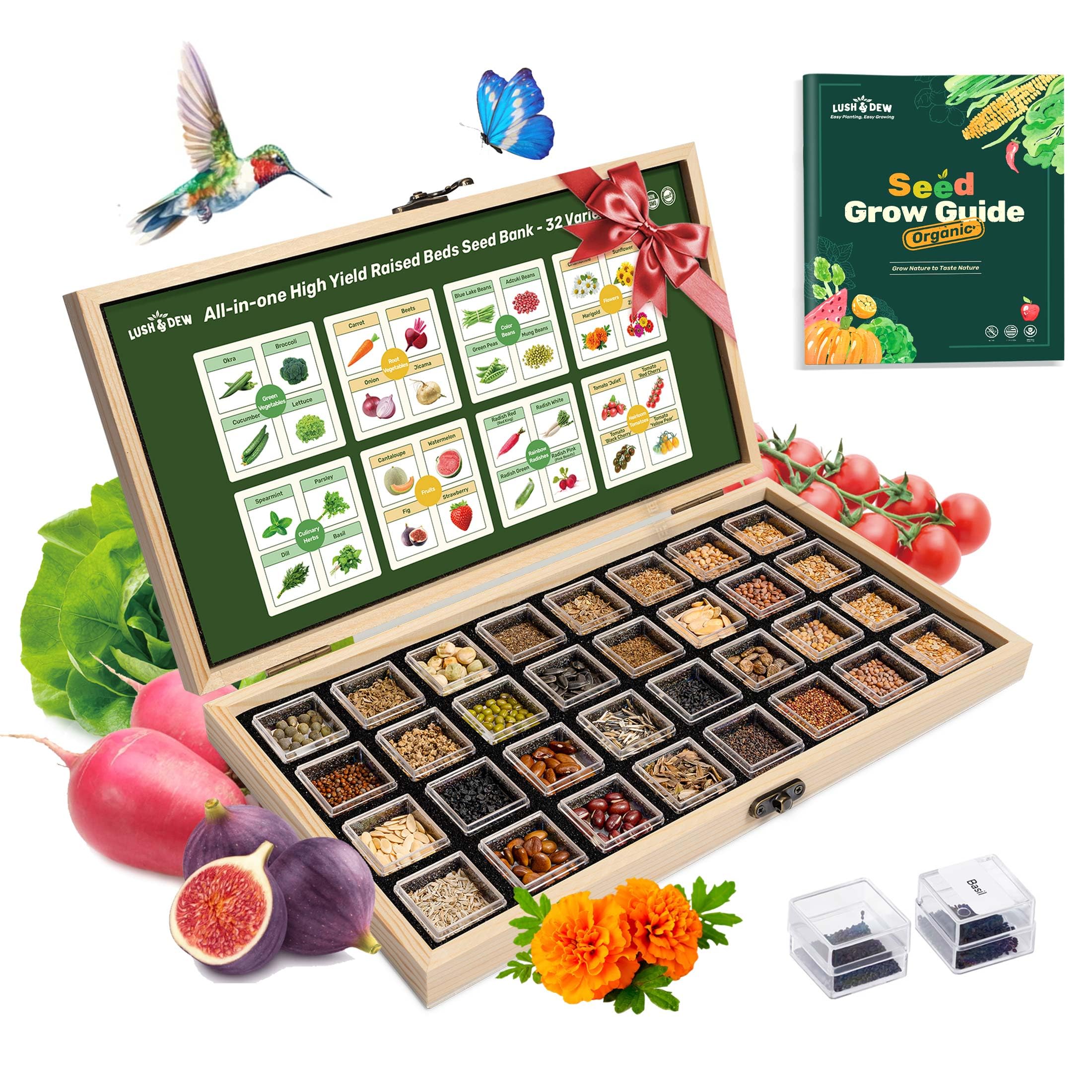 LUSH&DEW seed bank open box showing 32 labeled containers and organized layout for easy use