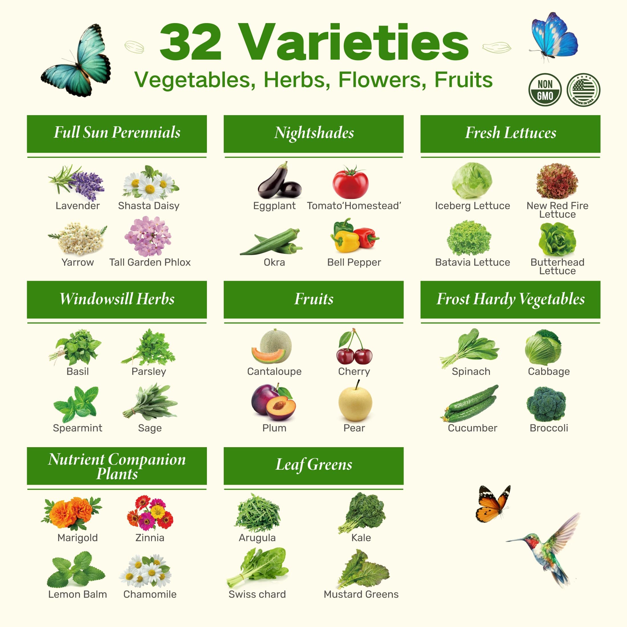 LUSH&DEW spread of seed packets displaying the 32 heirloom varieties for garden planning