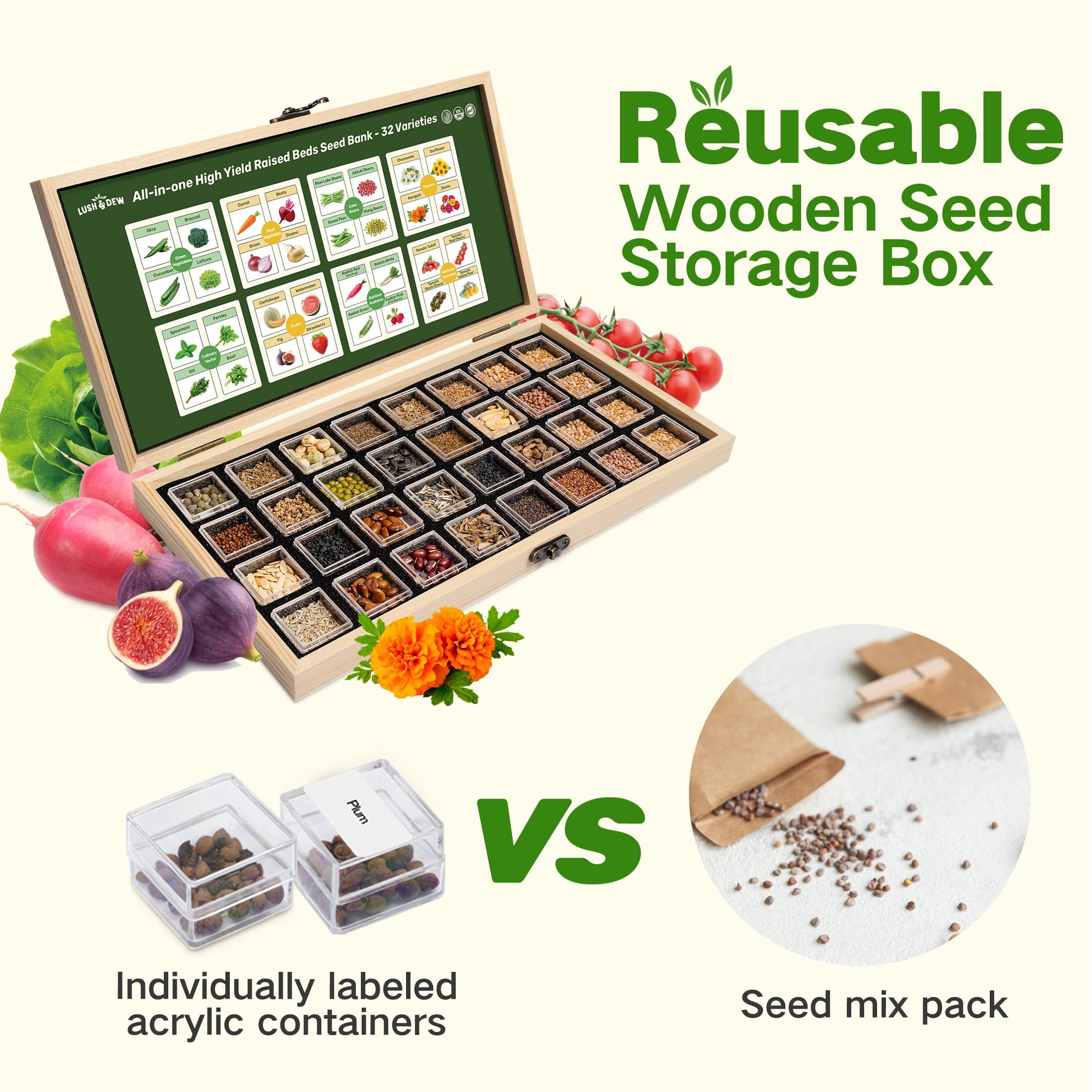 LUSH&DEW seed bank stored in a cabinet showing long-term organization and rotation