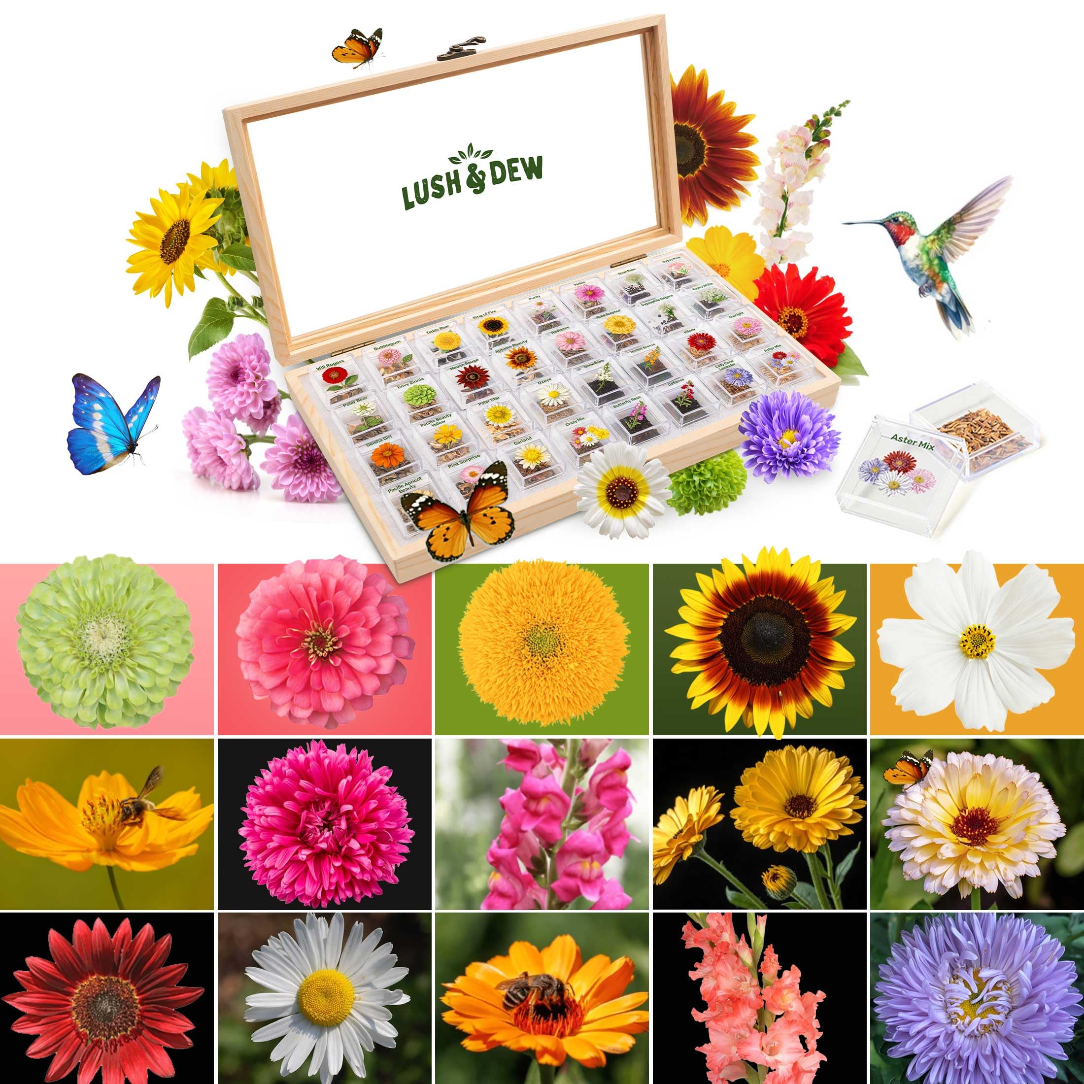 LUSH&DEW seed bank front packaging showing organized tubes and labels for easy planting