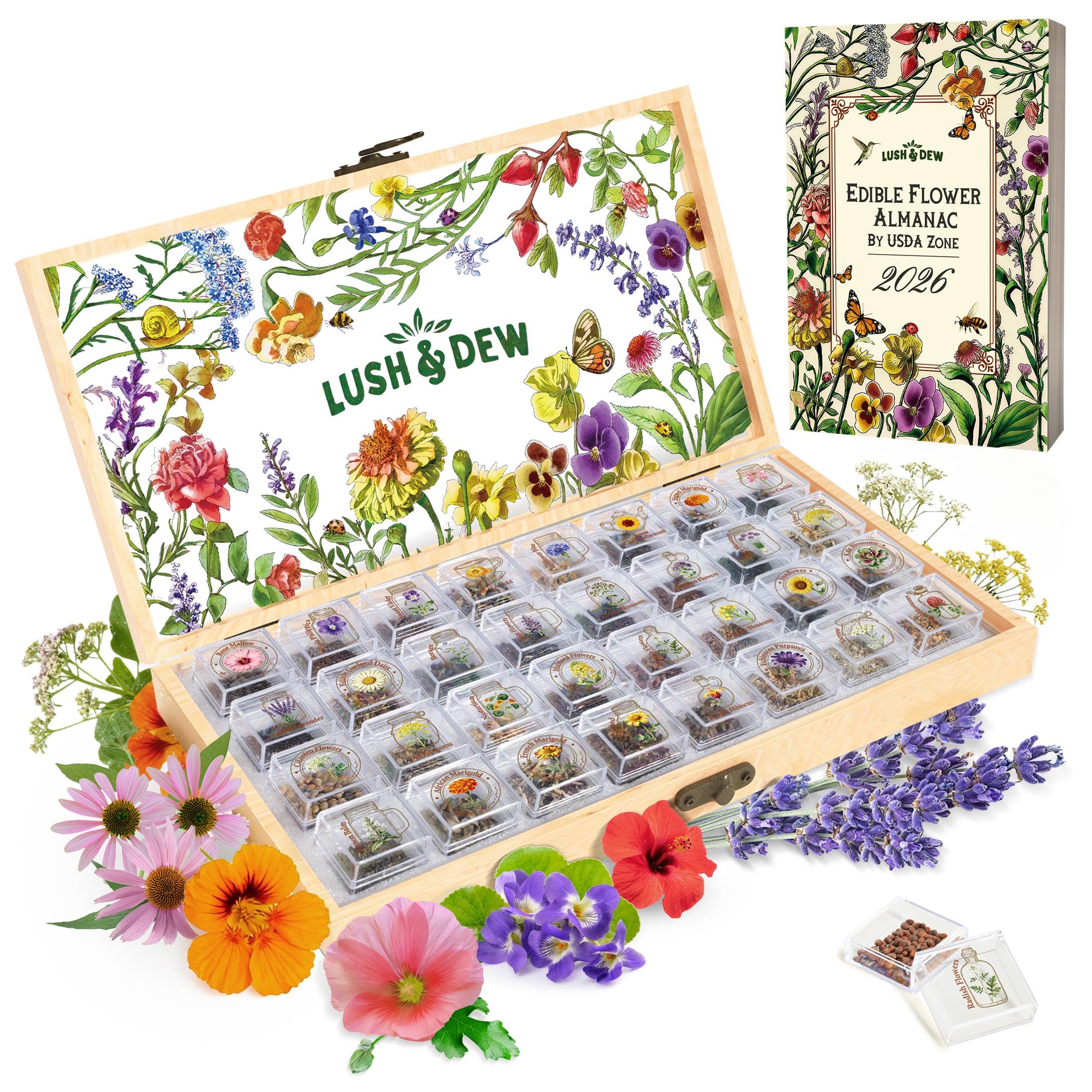 LUSH&DEWㅤ front view of open seed bank box showing organized compartments and variety