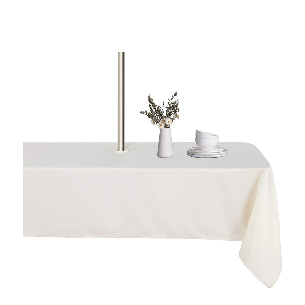 LUSHVIDA beige tablecloth front view shows clean fit and protection