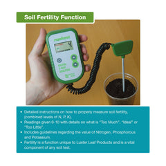 Luster Leaf in garden use with tester inserted into soil for immediate planting and fertilizer decisions