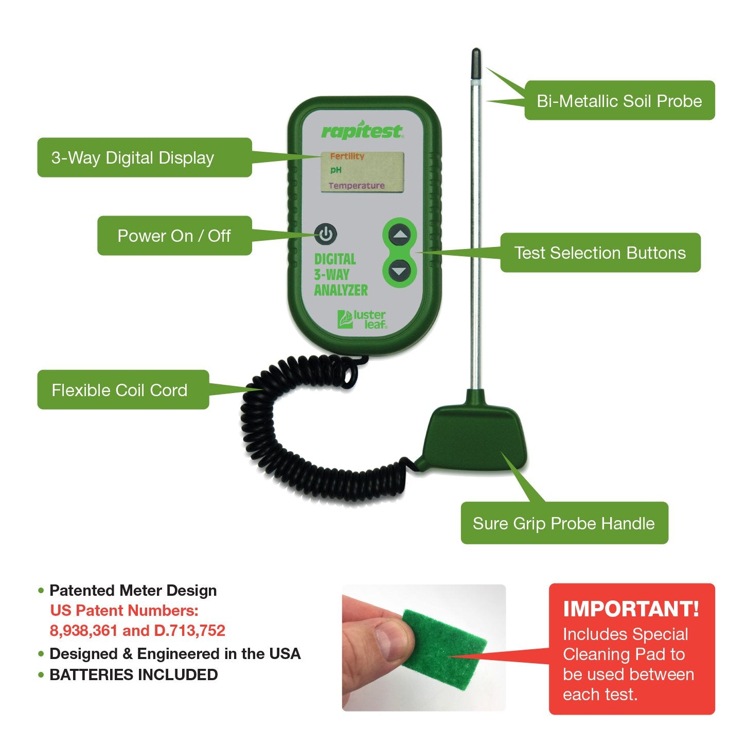 Luster Leaf probe close-up showing corded stainless probe for accurate soil contact and durable use