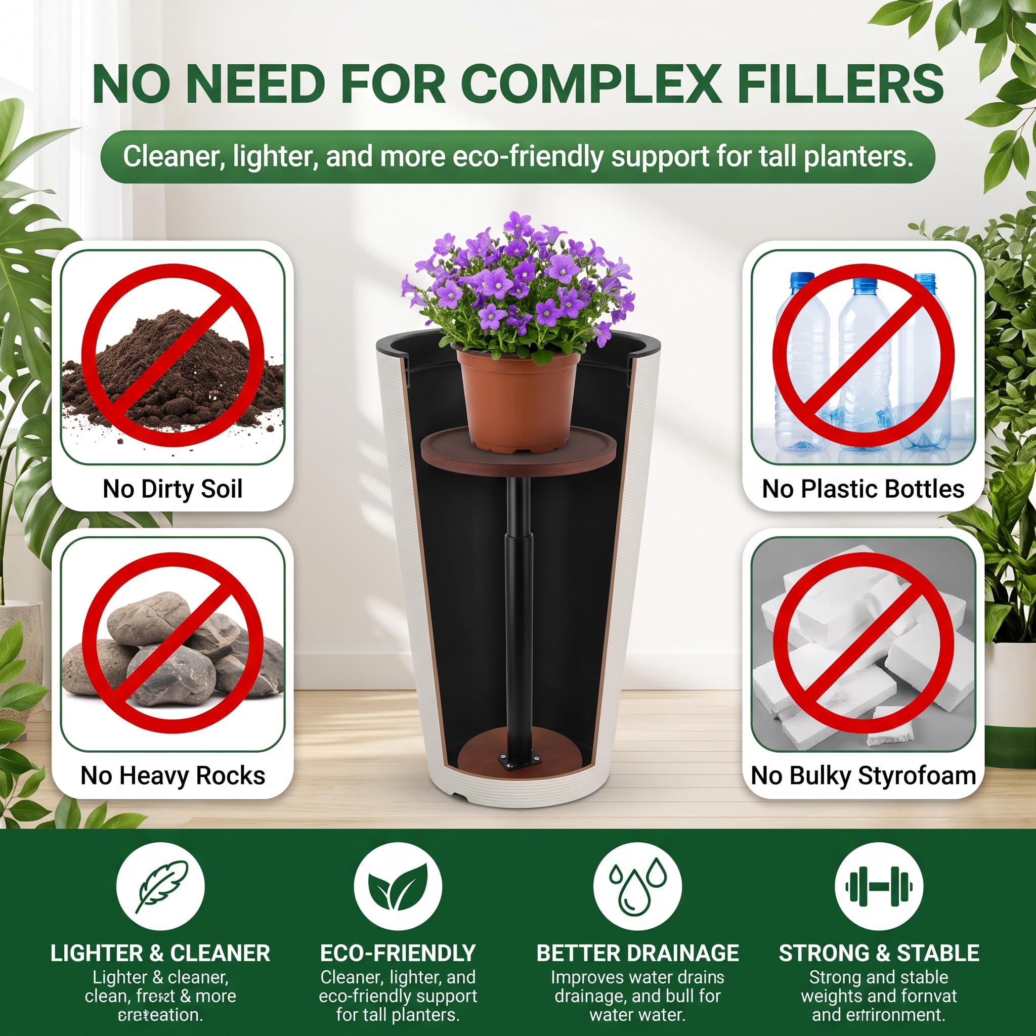 LUTTY assembled riser inside tapered pot providing stability and tidy presentation