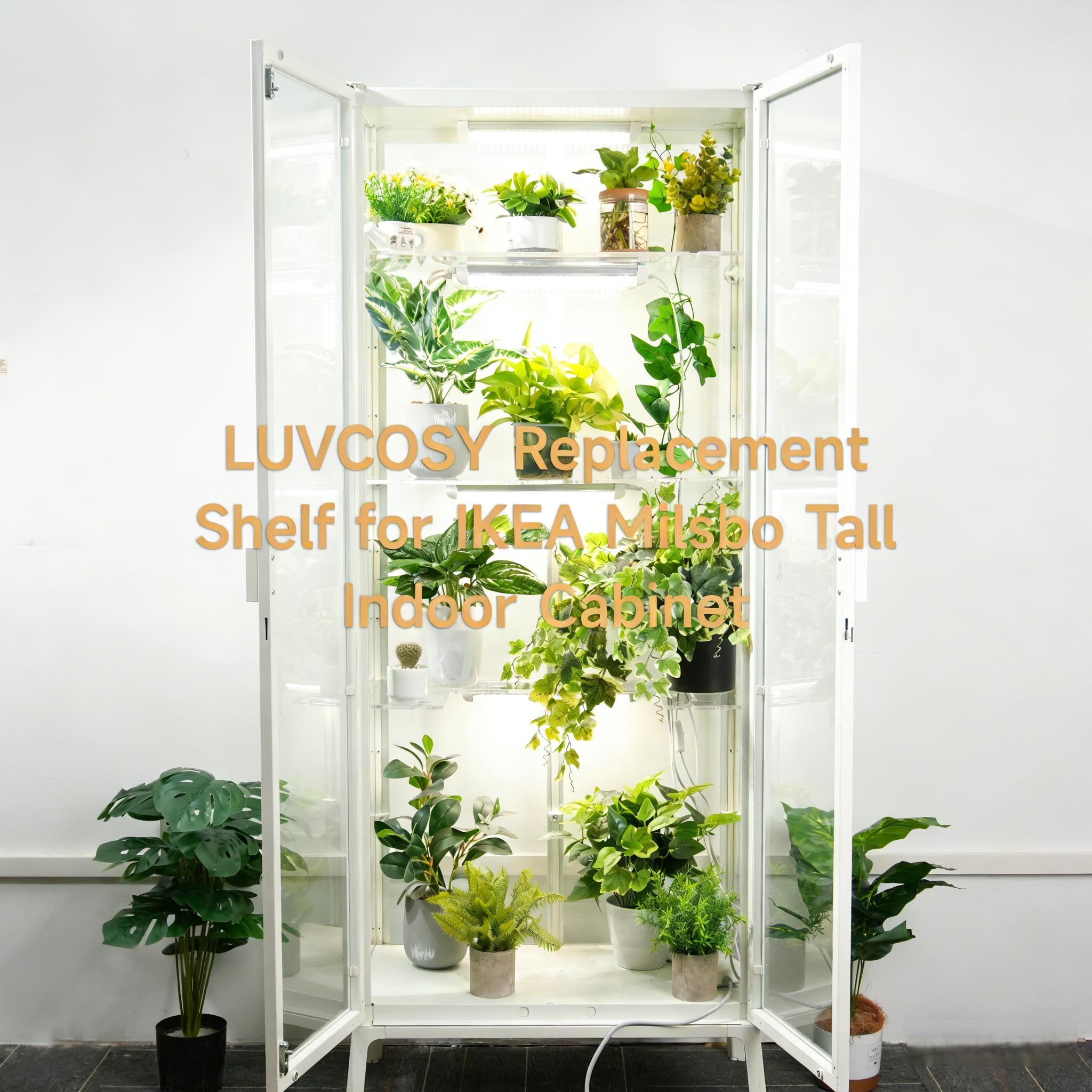 LUVCOSY lifestyle shot of greenhouse display highlighting organized plants and enhanced light