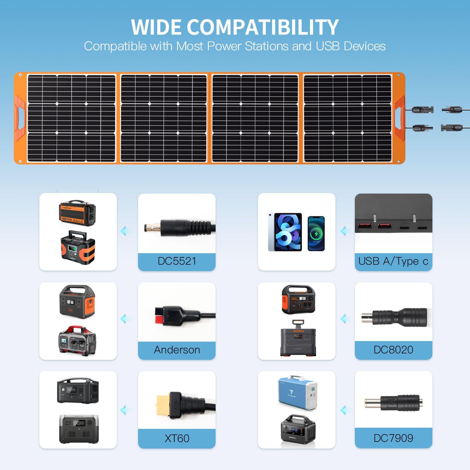 Luvknit open 200W panel showing full solar surface and kickstands for fast charging