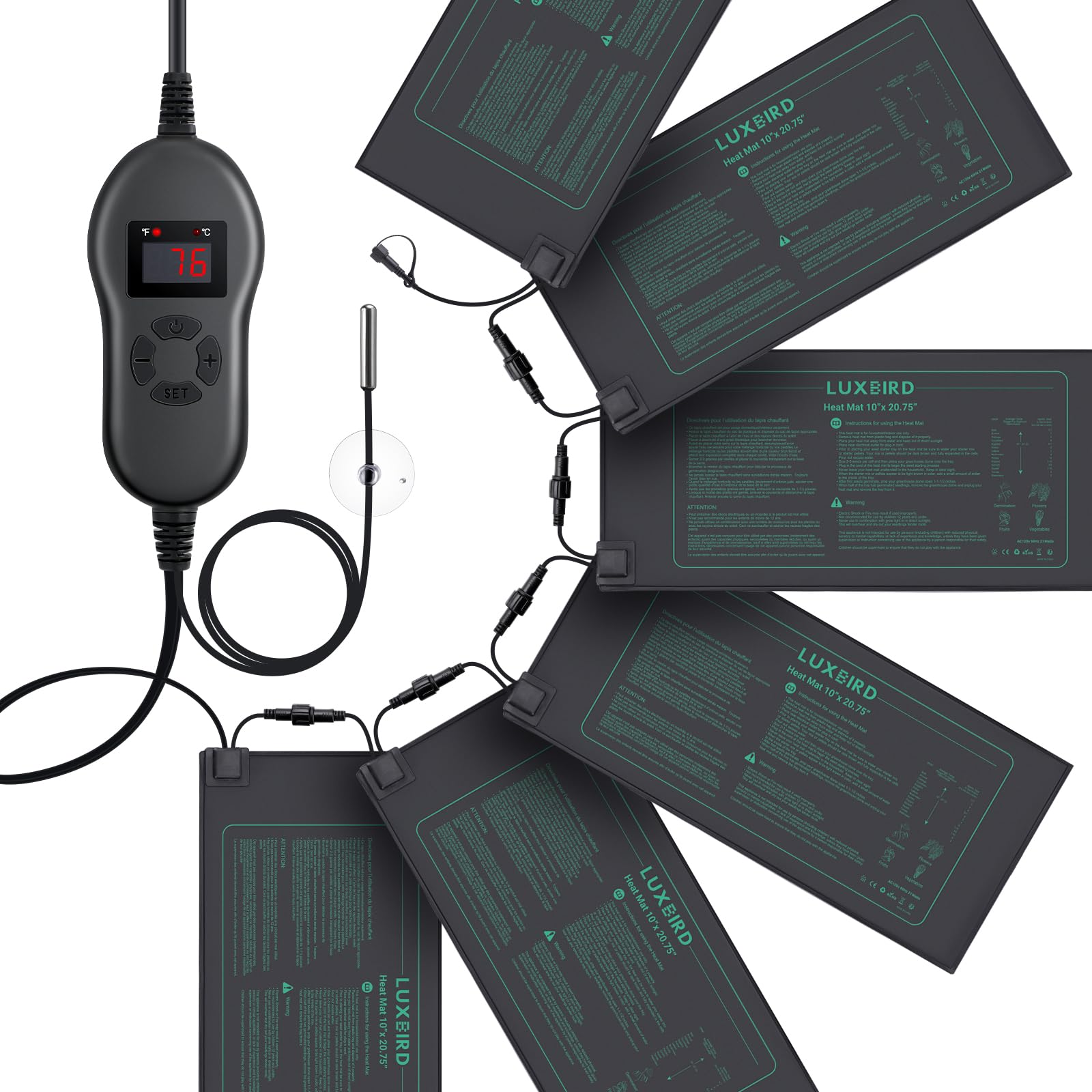 LUXBIRD front view showing six mats and thermostat for organized temperature control