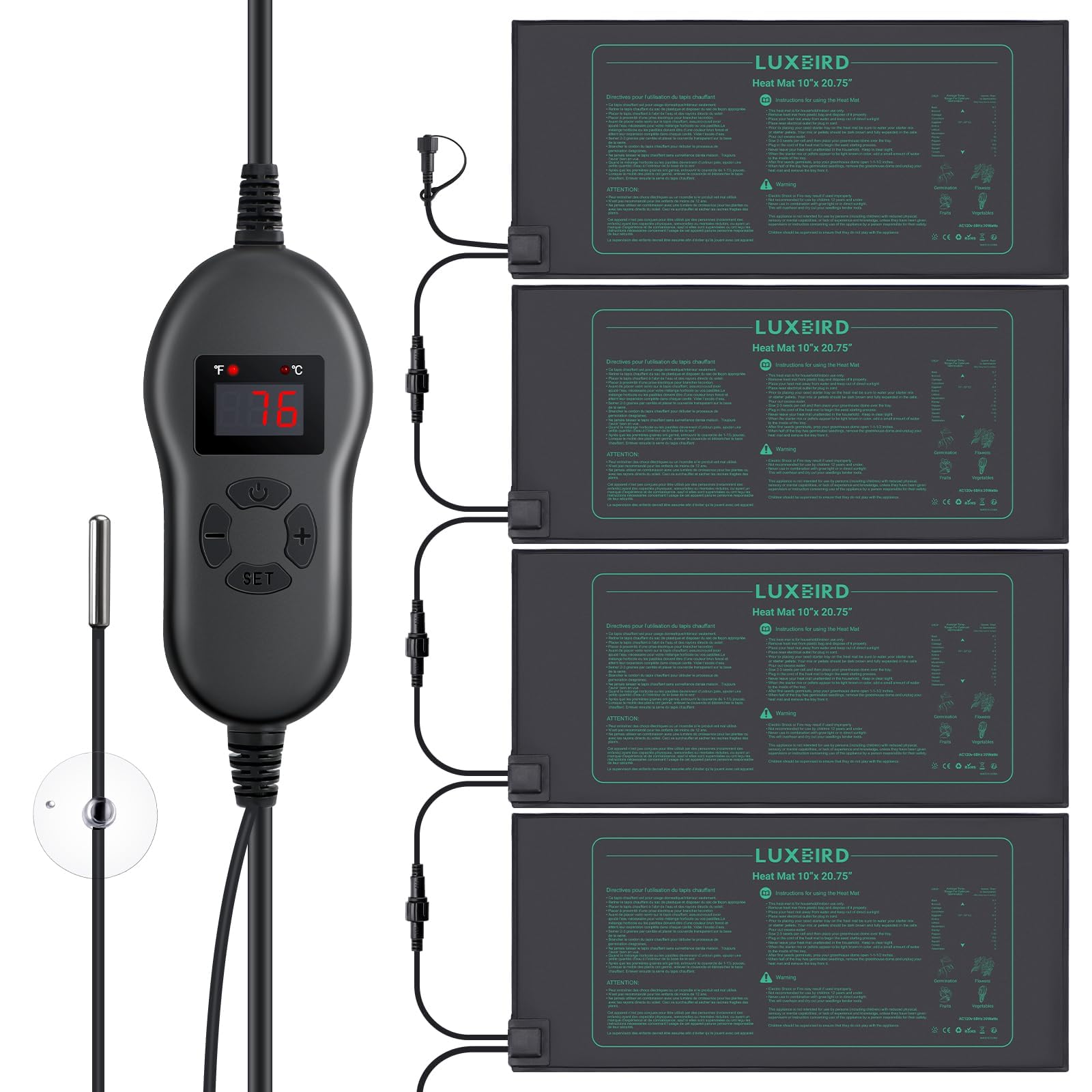 Luxbird front view of four mats with controller, ready-to-use heating solution