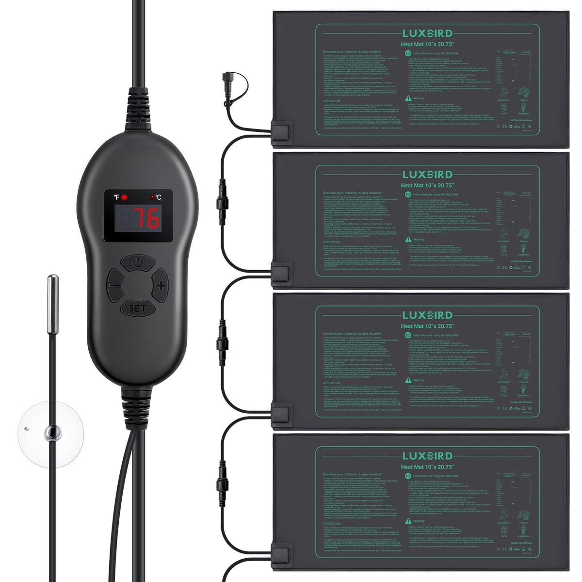 Luxbird front view of four mats with controller, ready-to-use heating solution