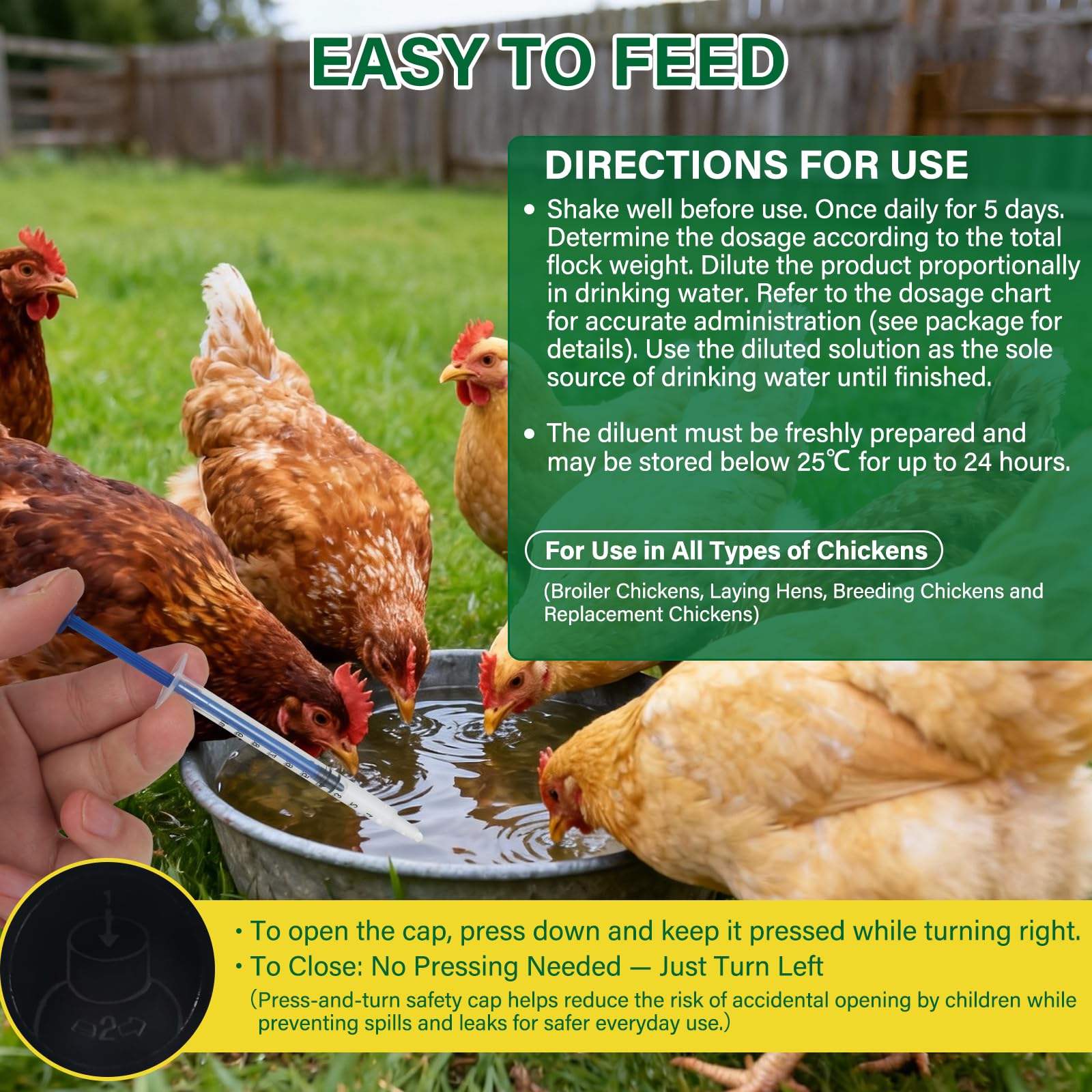 LuxeVib medicated water in a chicken drinker with chickens drinking, ensuring flock treatment benefit