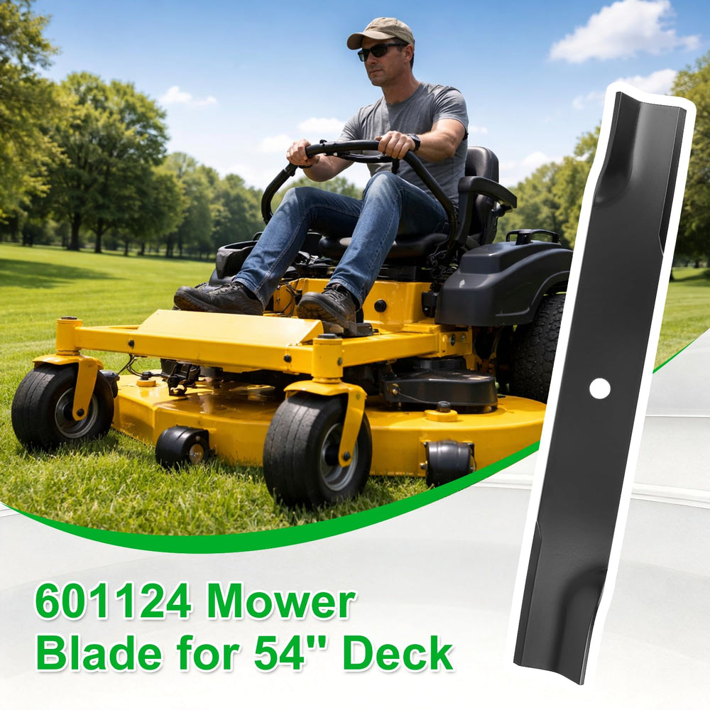 luxlead blades beside a mower in yard indicating ready-to-use lawn maintenance