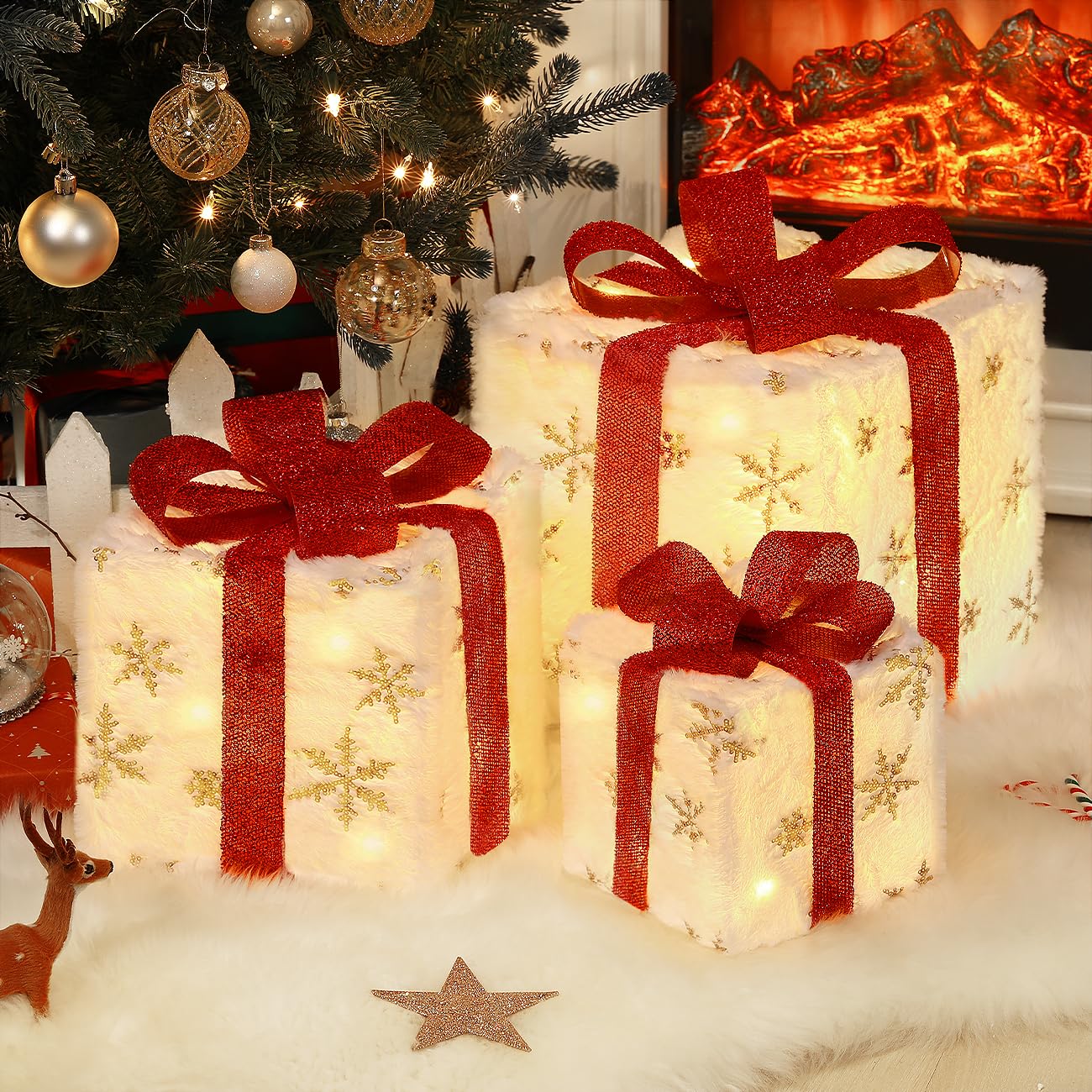 Luxspire front view of three lighted gift boxes with bright festive effect