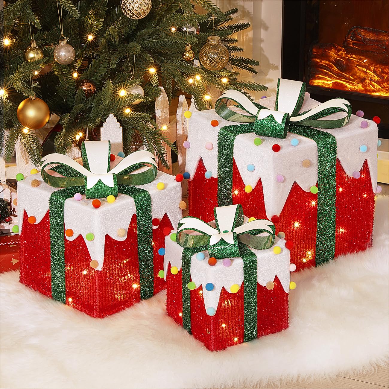 Luxspire front view of three lighted gift boxes showing bright arrangement