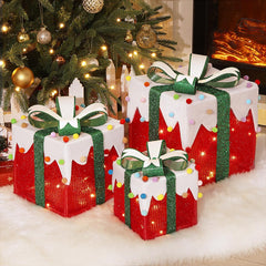 Luxspire front view of three lighted gift boxes showing bright arrangement