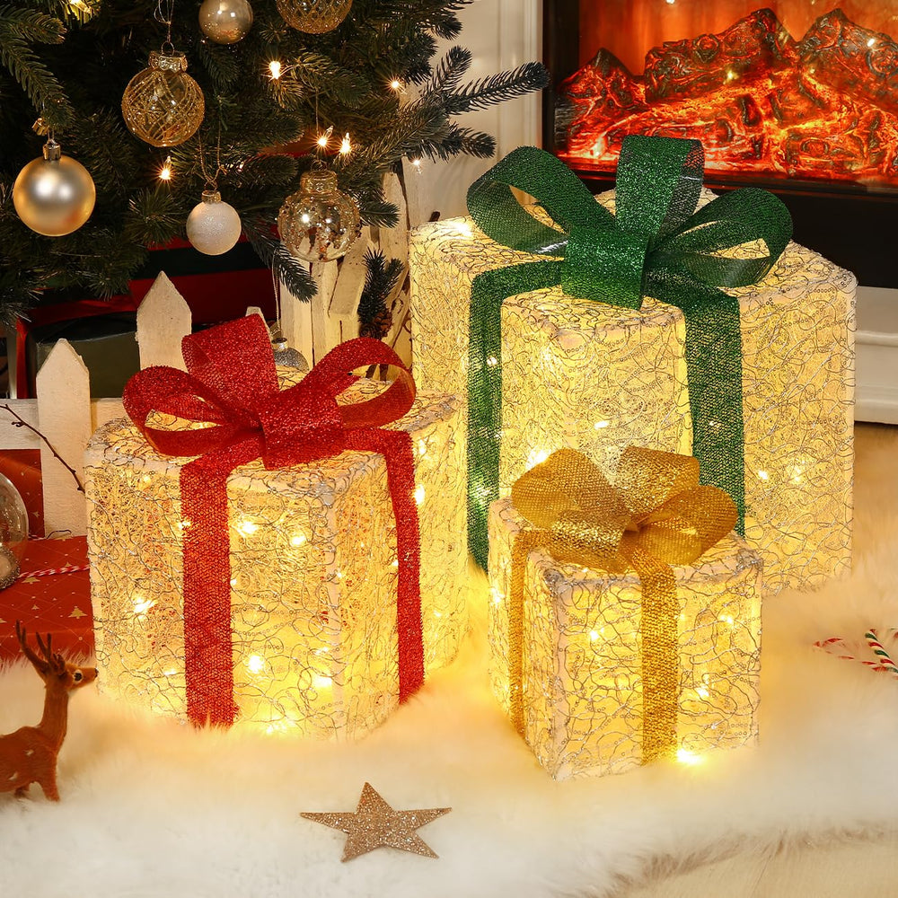 Luxspire front view of trio presents showing bright holiday glow and festive look