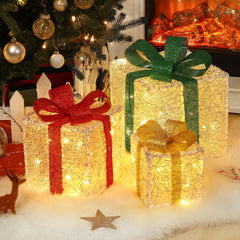 Luxspire front view of trio presents showing bright holiday glow and festive look
