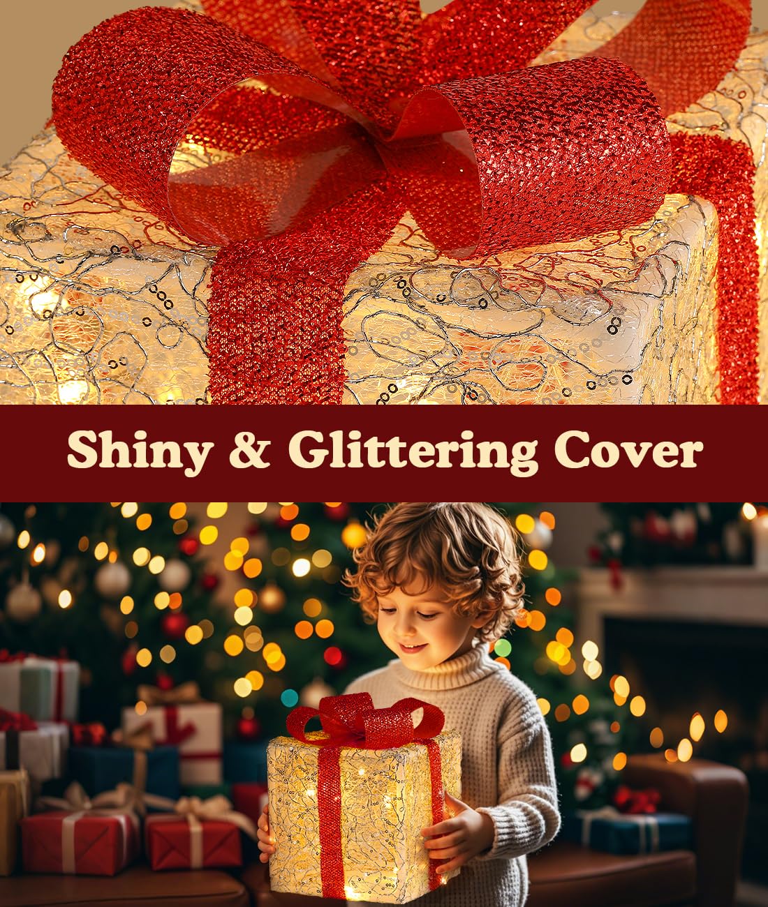Luxspire size comparison of large, medium, small presents showing scale for placement