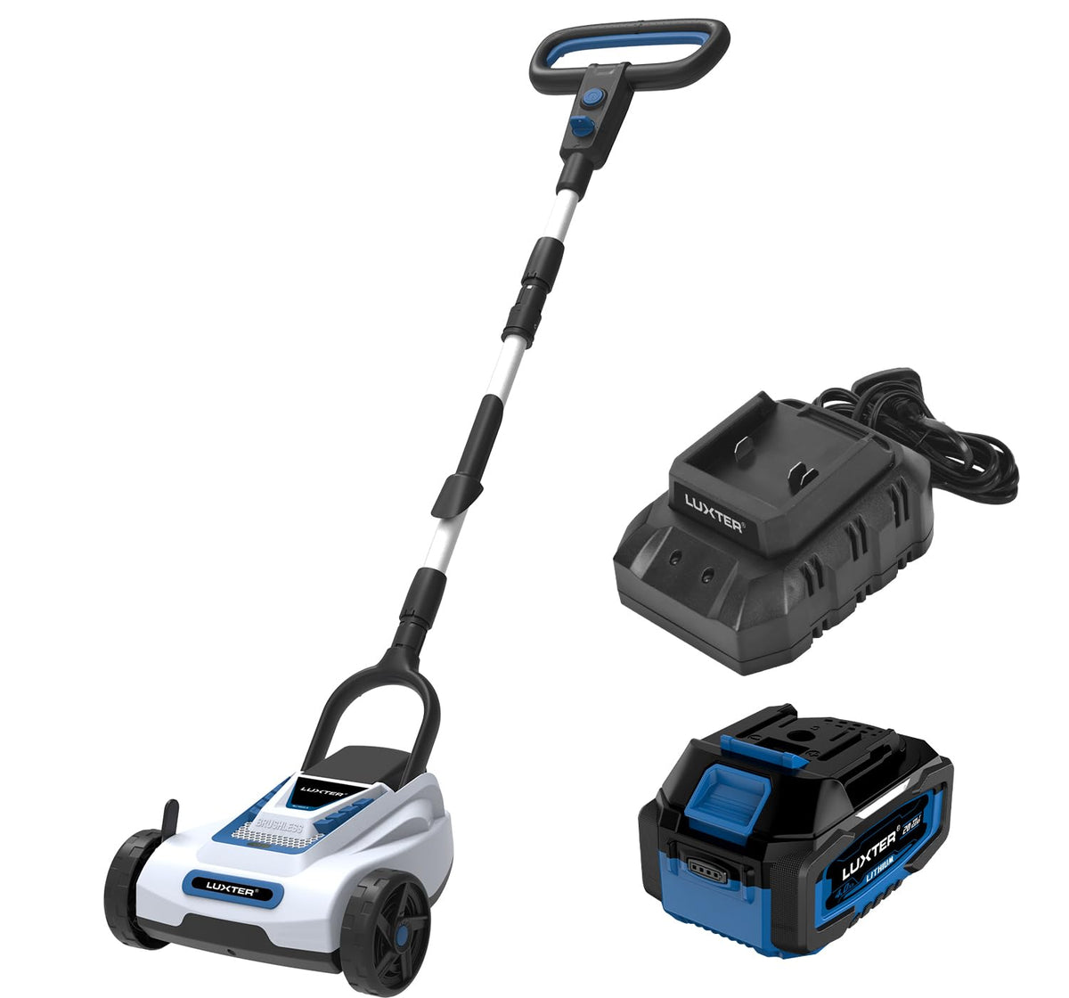 LUXTER front view showing compact mower and portability benefits