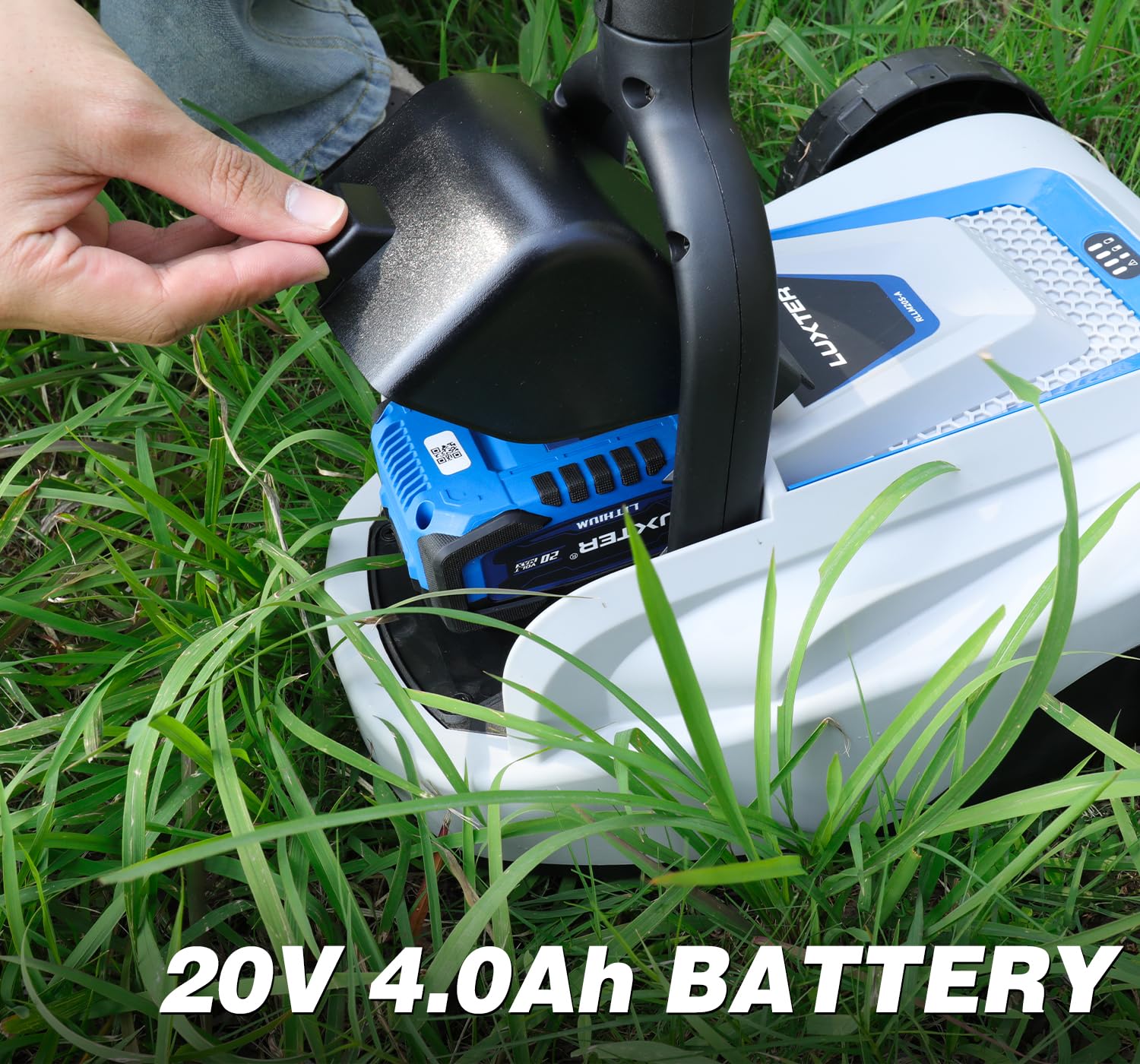 LUXTER 20V 4.0Ah battery with fast charger showing longer runtime