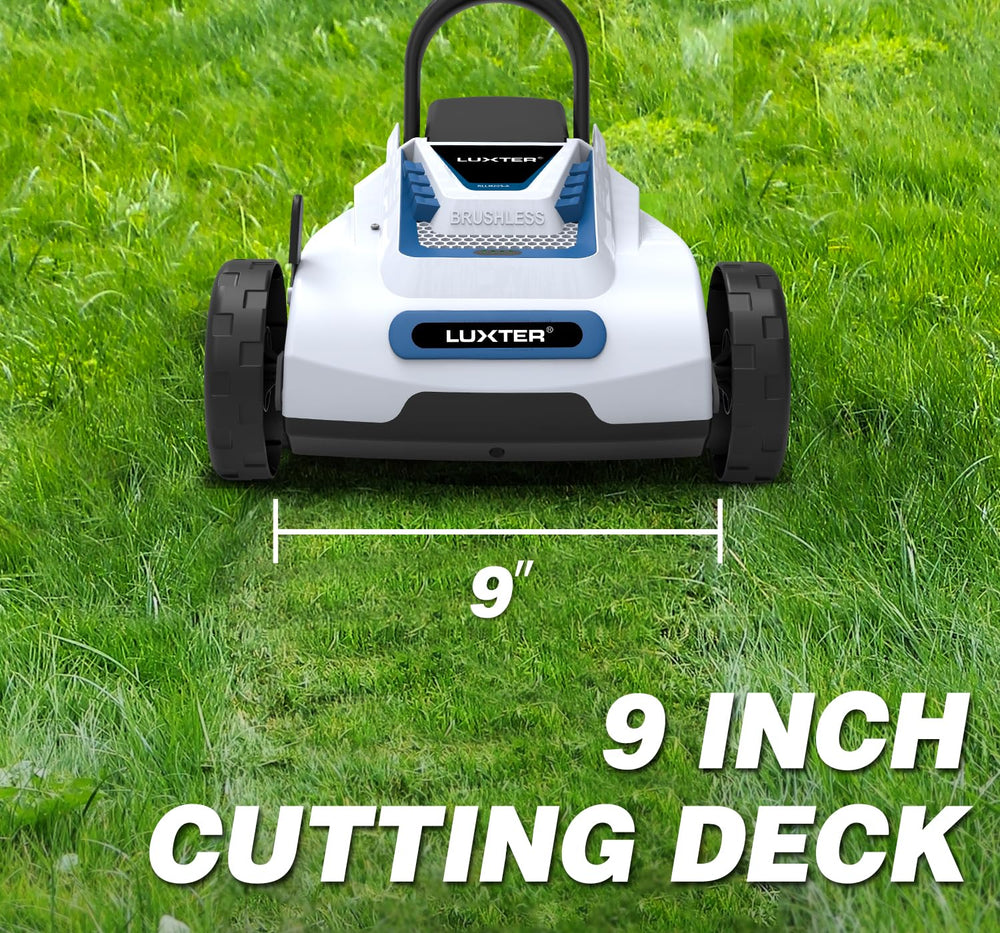 LUXTER mower in use on small yard showing efficient trimming