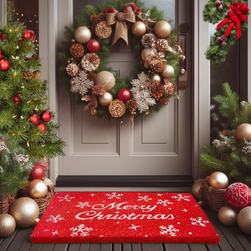 LuxUrux front view of Merry Christmas coir mat welcoming guests