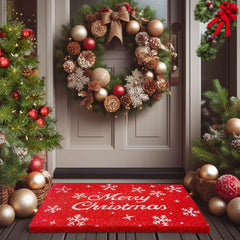LuxUrux front view of Merry Christmas coir mat welcoming guests