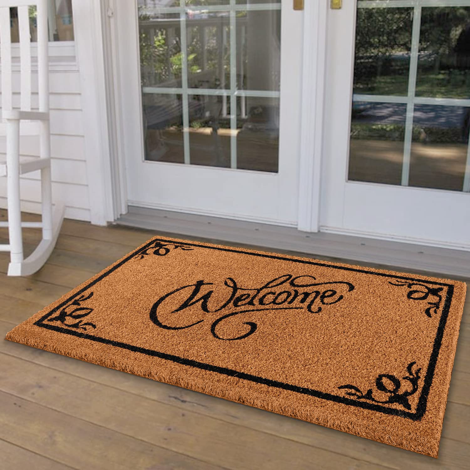 LuxUrux front view welcome mat showing full 24x36 size and natural look, enhances curb appeal
