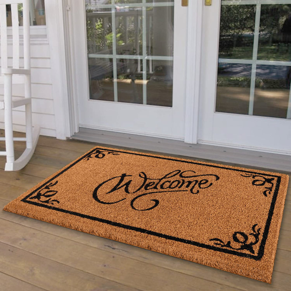 LuxUrux front view welcome mat showing full 24x36 size and natural look, enhances curb appeal