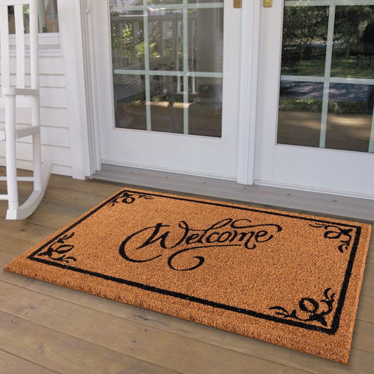 LuxUrux front view welcome mat showing full 24x36 size and natural look, enhances curb appeal