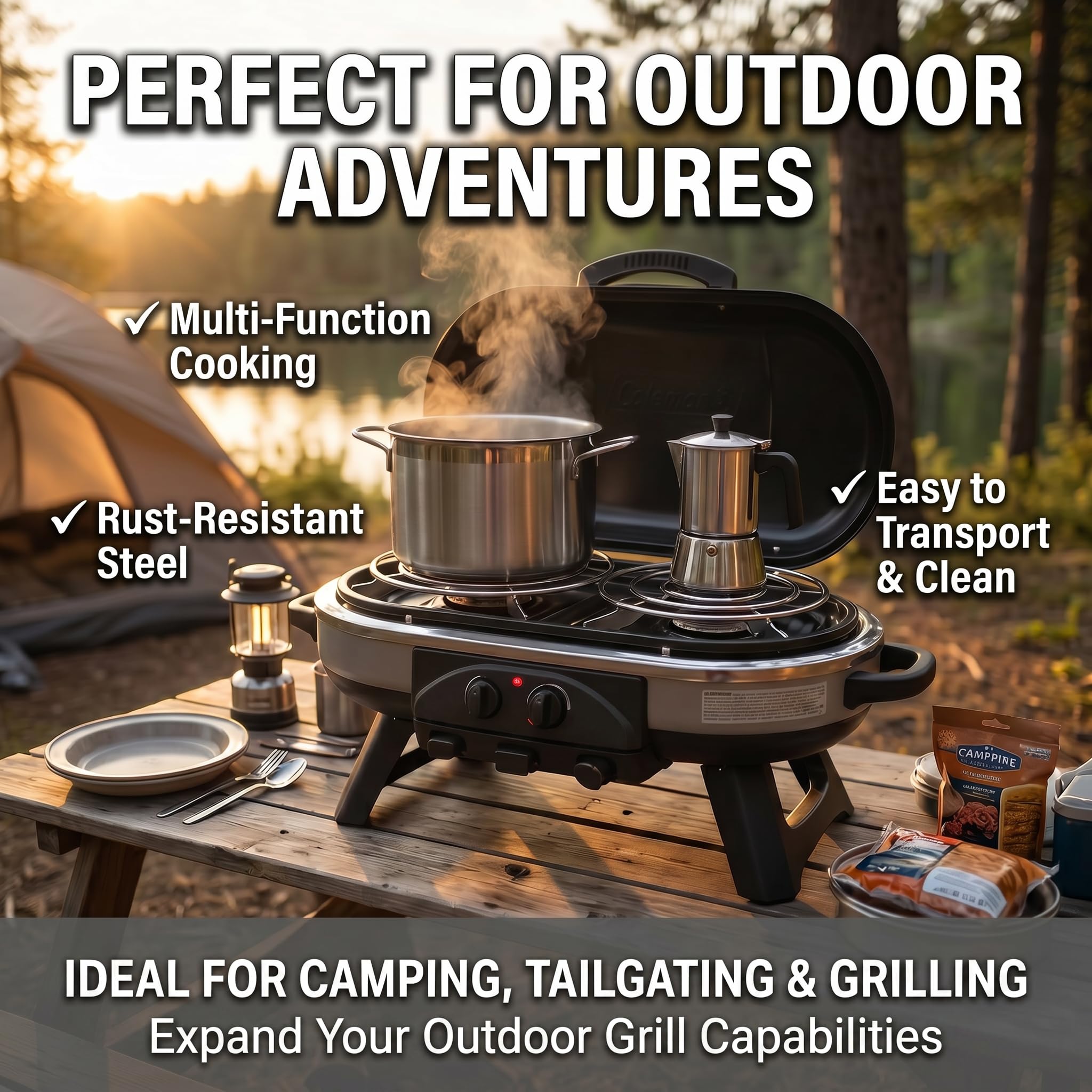 LVACODV in a campsite cookout showing versatile outdoor cooking capability