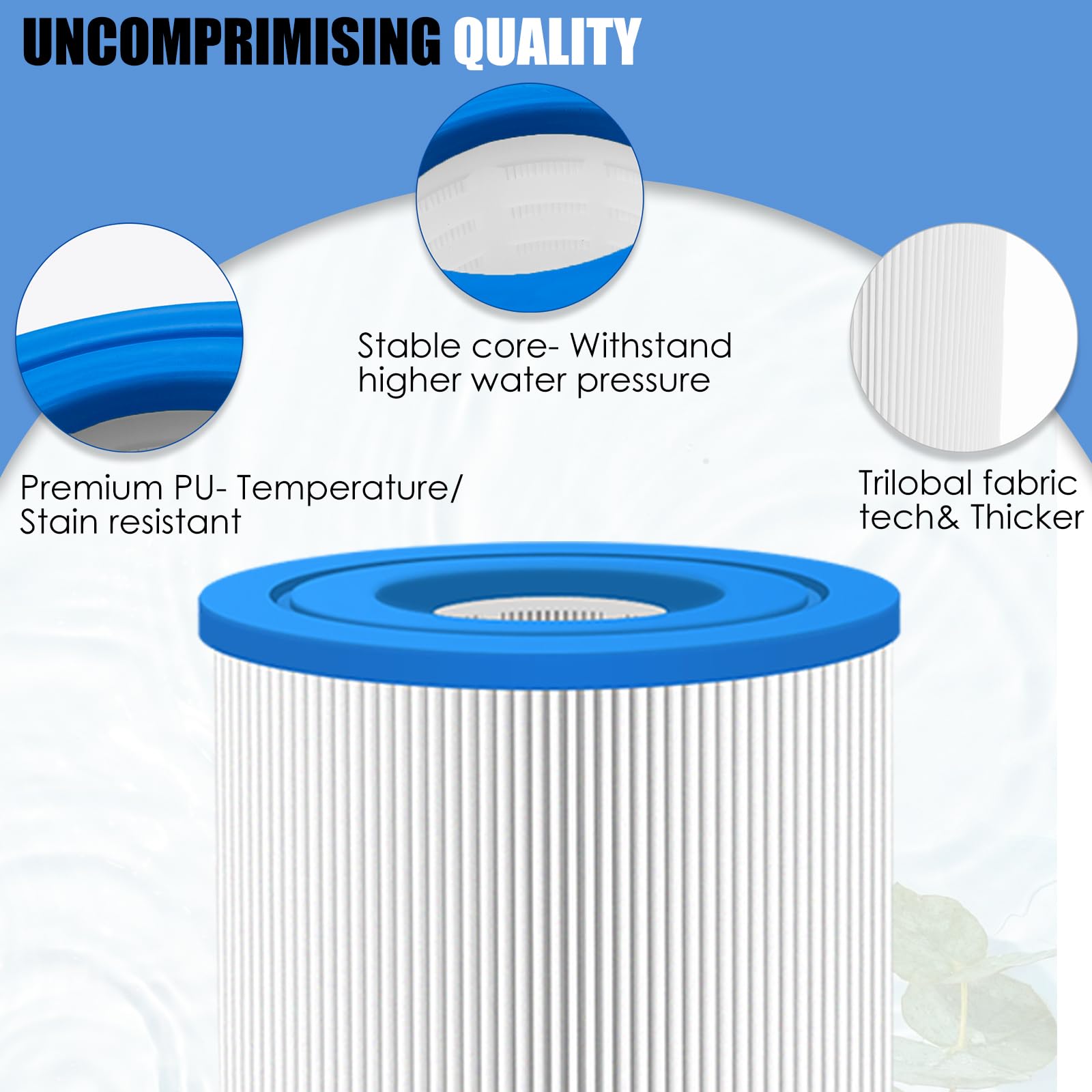 LVJUSEN filter beside a relaxing hot tub illustrating improved water clarity