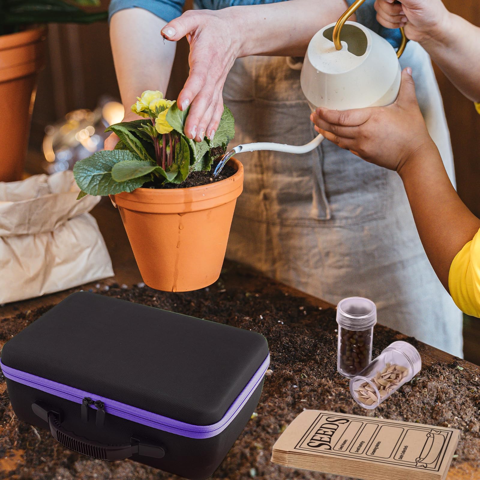 LVKAYCE organizer placed in garden setting enabling tidy seed selection