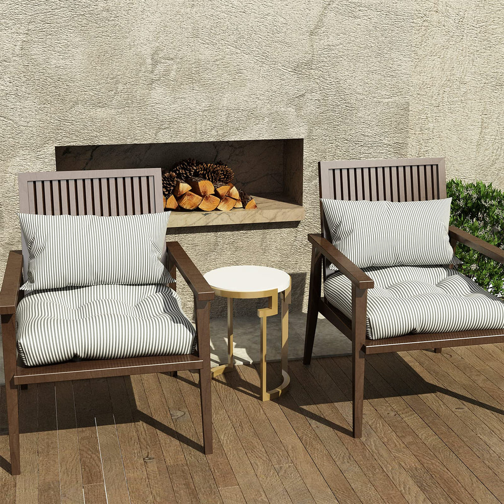 LVTXIII cushion placed on garden wicker chair adding comfort and stylish outdoor appeal