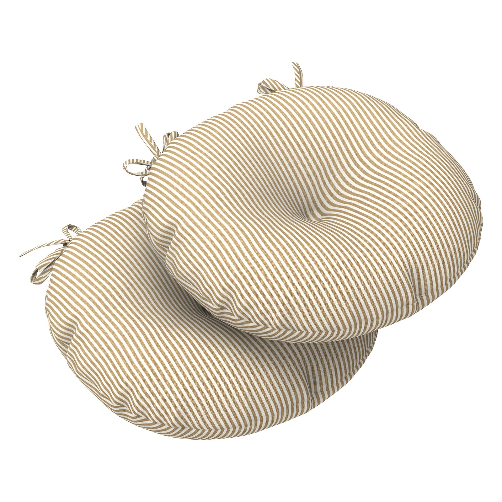 LVTXIII front view of pair of round bistro cushions showing stripe beige pattern and comfort