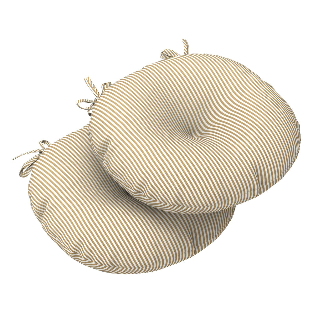 LVTXIII front view of pair of round bistro cushions showing stripe beige pattern and comfort