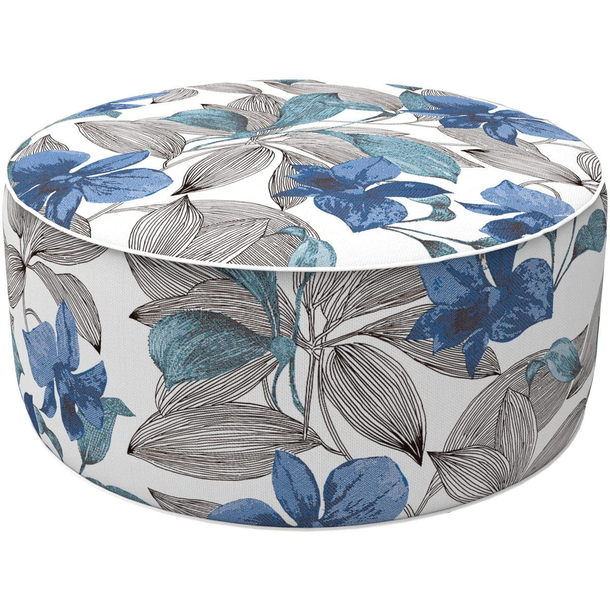 LVTXIII front view of Clemens Noir Blue pouf showing compact design and decor appeal