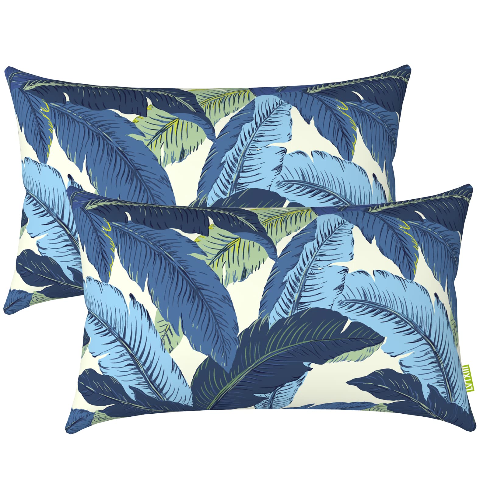 LVTXIII cojín lumbar frontal mostrando diseño y color azul Swaying Palms, ideal para decorar patios