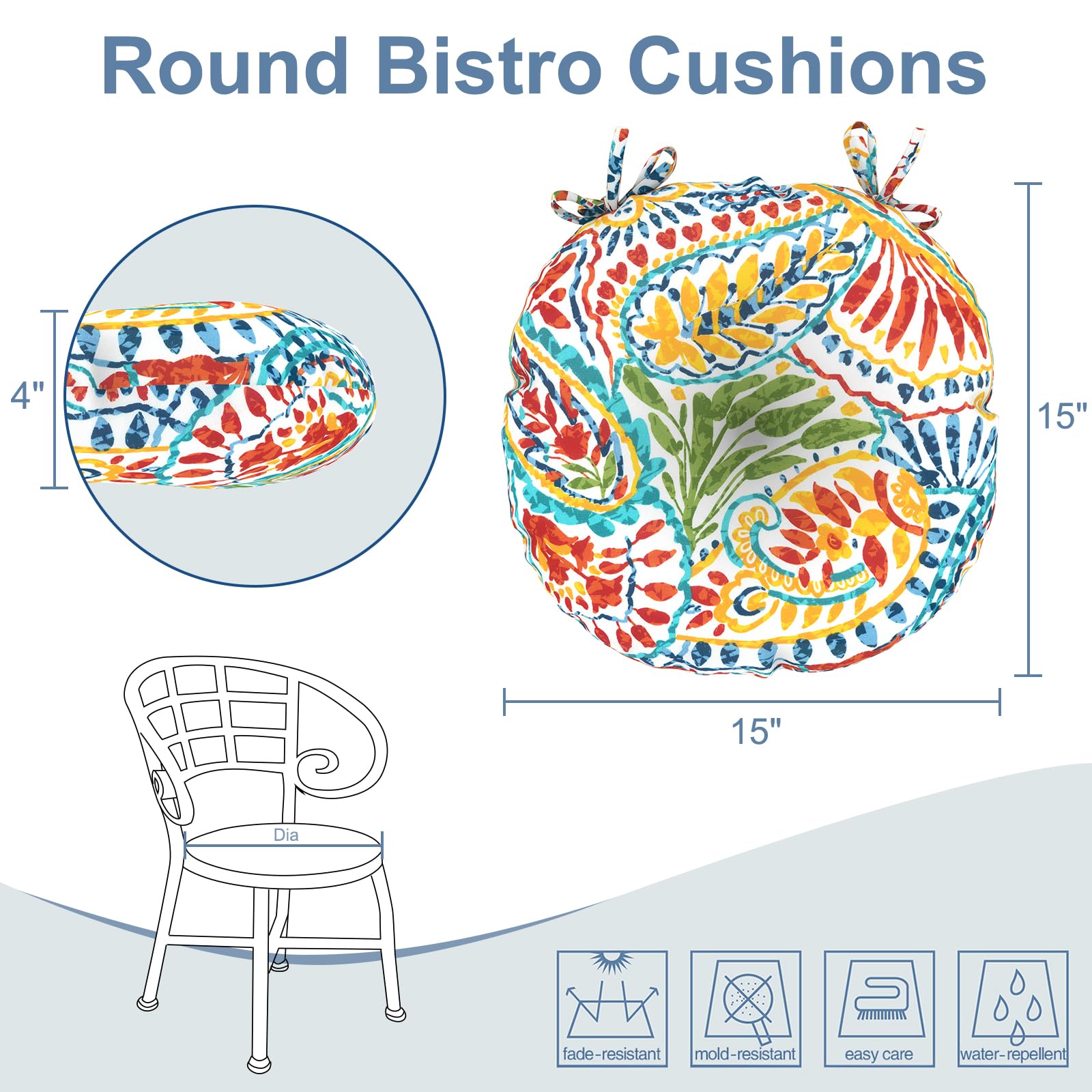 LVTXIII cushion placed on a bistro chair outdoors, illustrates comfortable seating