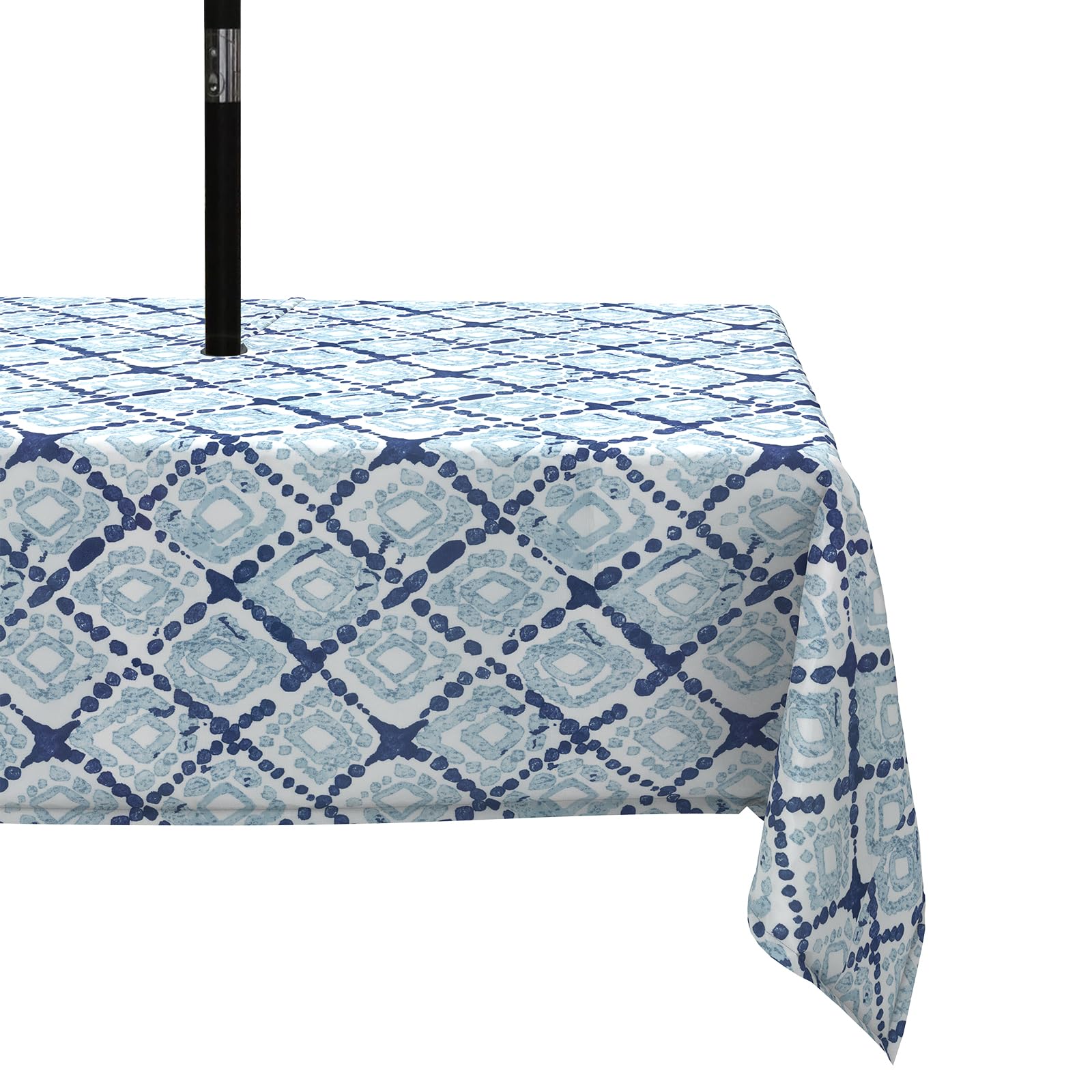 LVTXIII front view on patio table showing fit and boho blue pattern benefit: attractive protection