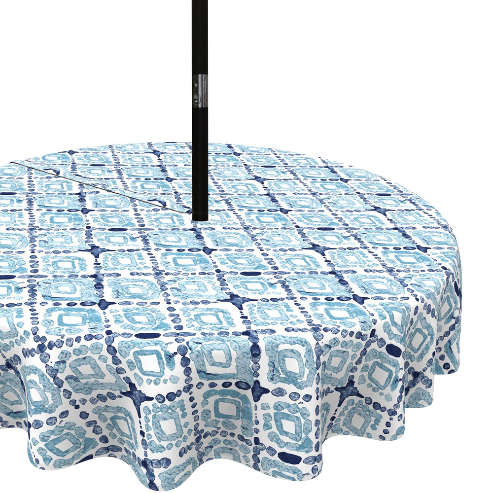 LVTXIII front view of boho geometry blue tablecloth showcasing vibrant print and protection