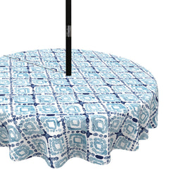 LVTXIII front view of boho geometry blue tablecloth showcasing vibrant print and protection