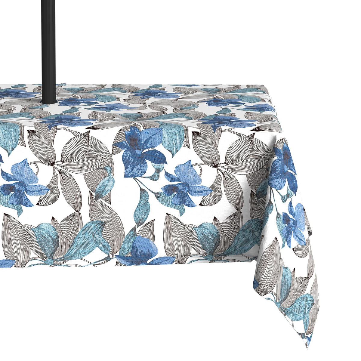 LVTXIII front view of Clemens Noir Blue tablecloth showing full pattern and neat hem benefit: instant patio refresh